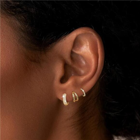 3PCS Gold Hoop Huggie Earrings Set | Chunky & Trendy Fashion Hoops - Picture 3 of 5